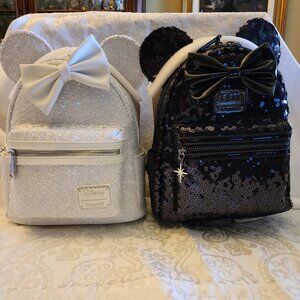 DISNEY LOUNGEFLY WEDDING "HIS AND HERS!" MINNIE MOUSE SEQUIN MINI BACKPACKS  NWT